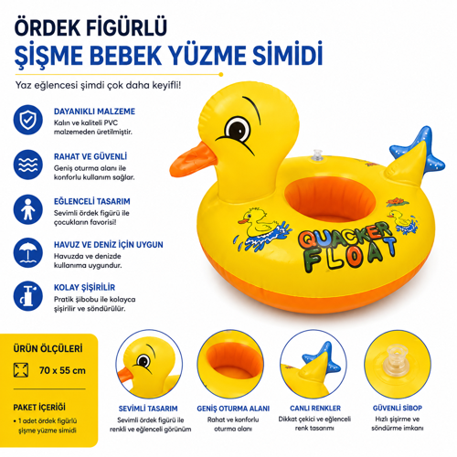 Ördek Figürlü Şişme Bebek Yüzme Simidi 70X55 cm