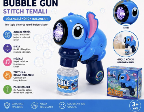 Stitch Baloncuk Tabancası – Işıklı ve Müzikli Bubble Gun