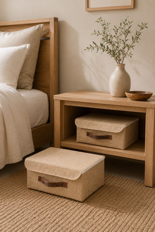 2'li Kapaklı Jüt Düzenleyici M Boy 30x23x13 cm Dolap İçi Raf Tekstil Banyo Organizer Saklama Kutusu