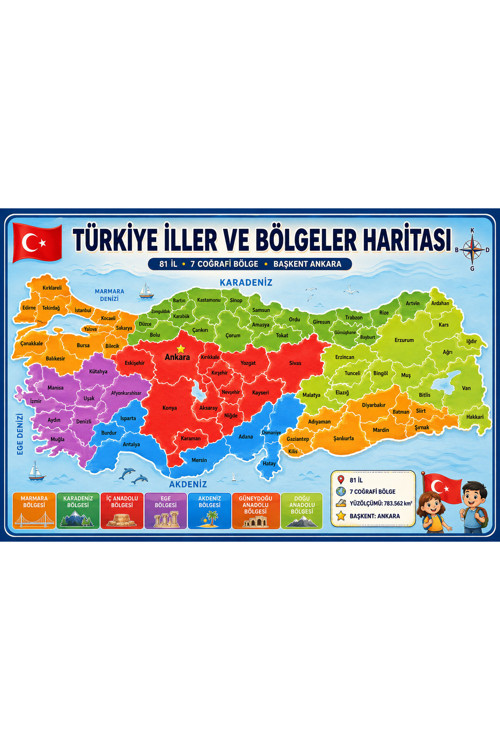 Türkiye İller ve Bölgeler Haritası Vinil Branda 70x100 cm yeni tasarım