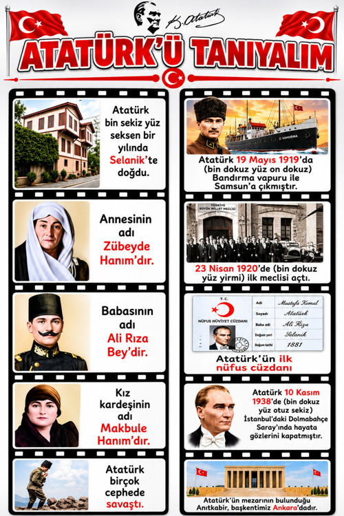 Atatürk’ü Tanıyalım Eğitim Posteri Hayatı ve Ailesi Okul Sınıf Duvar Panosu