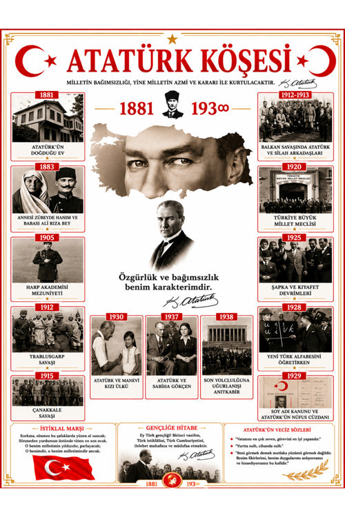 Atatürk Köşesi Eğitim Posteri Kronolojik Hayatı 50x70 cm vinil branda Türk Bayrağı Okul ve Sınıf Duvar Panosu