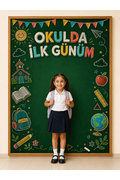 Okulda İlk Günüm 150 x 200 cm Kara Tahta ve Okul Temalı Fotoğraf Çekim Panosu Branda