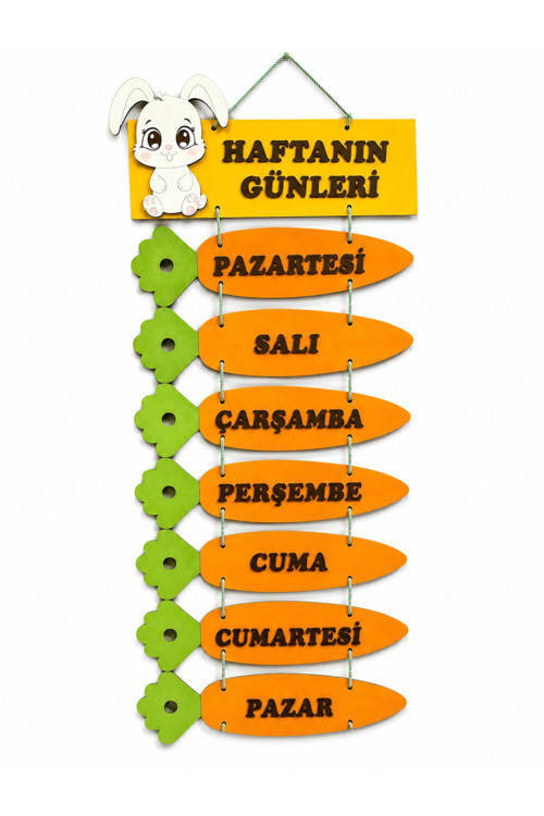 Haftanın Günleri Sınıf Panosu – Havuç Model, Mıknatıslı Tavşan Göstergeli Ahşap Eğitici Materyal