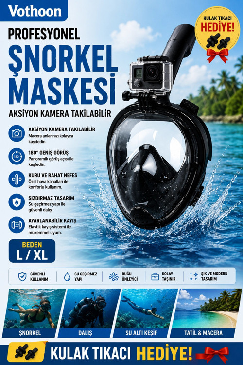 Profesyonel Tam Yüz Şnorkel Maskesi Dalış Maskesi Kulak Tıkacı Hedıye L/XL Siyah