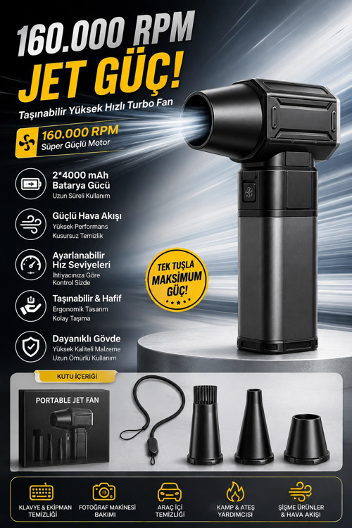 Turbo Jet Fan Süpürge Özellikli 160000RPM Ultra Güçlü Motor Güçlü Vakum 8000MAH Bataryalı Şık tasarı