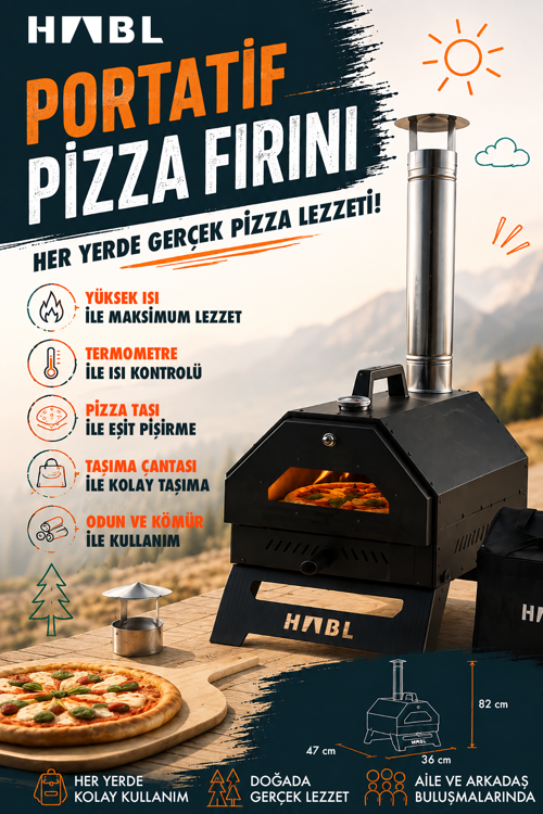 Portatif Pizza Fırını Odun ve Kömürlü Taşıma Çantalı Pizza Taşı Dahil Kamp Tipi Fırın