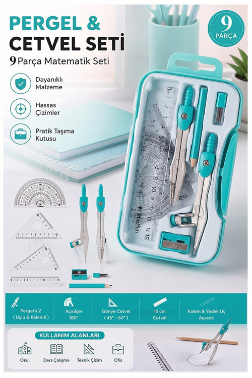 Yeşil Metal Pergel Seti 9 Parça 1 Paket 9121 Profesyonel Pergel Çizim Proje Matematik Mimar Mühendis Çizim Seti Cetvel