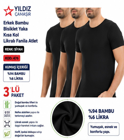 Erkek Bambu Bisiklet Yaka Kısa Kol Likralı Fanila Atlet (475-476-477)- 3 Adet