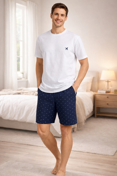 Erkek Pamuklu Baskılı Cepli Şortlu Pijama Takımı