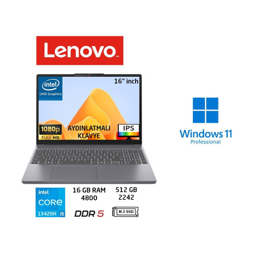 ıdeapad Slim 3 16IRH10 Intel Core I5 13420H 16GB 512GB SSD W11 Pro 16” Wuxga 83K20077TR Duddi