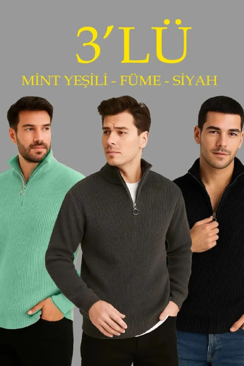 Erkek Fitilli Triko Kazak 3’lü Set – Mint Yeşili, Siyah, Füme Kalın Dokuma Pamuklu Regular Fit V Yak