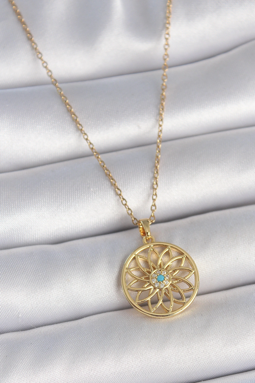 Markasız Ucuz Kadın Kolye Çelik Gold Renk Zincr Mavi Taşlı Lotus Model