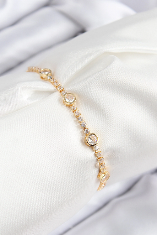 Markasız Ucuz Kadın Bileklik Pirinç Zirkon Taşlı Daire Model Gold Renk Asansörlü