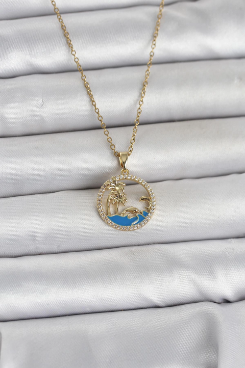 Markasız Ucuz Kadın Kolye Çelik Zincir Gold Renk Zirkon Taşlı Deniz Temalı