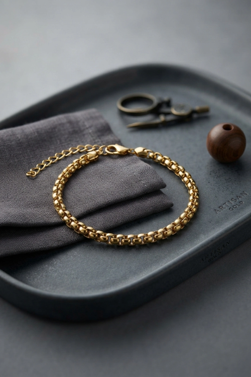 Markasız Ucuz Bileklik Çelik Gold Renk Box Zincir Model Erkek