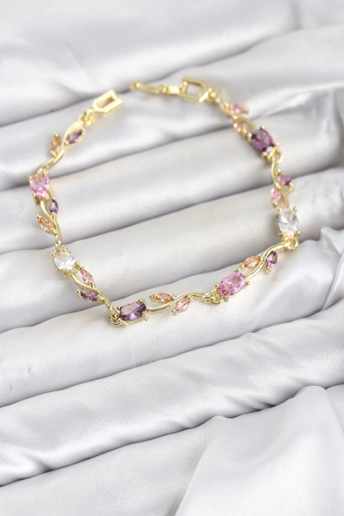 Markasız Ucuz Kadın Bileklik Pirinç Gold Renk Pembe ve Mor Zirkon Taşlı Çiçek Model