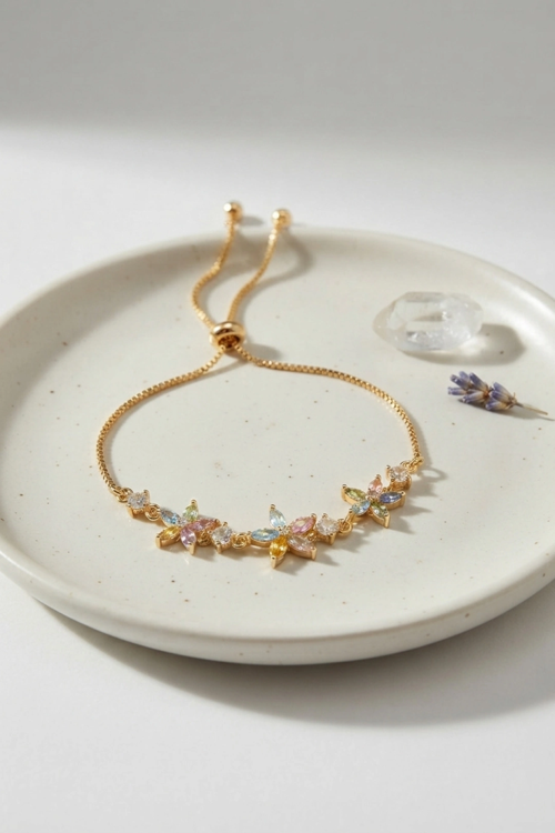 Markasız Ucuz Bileklik Pirinç Gold Renk Çiçekli Model Zirkon Taşlı Asansörlü