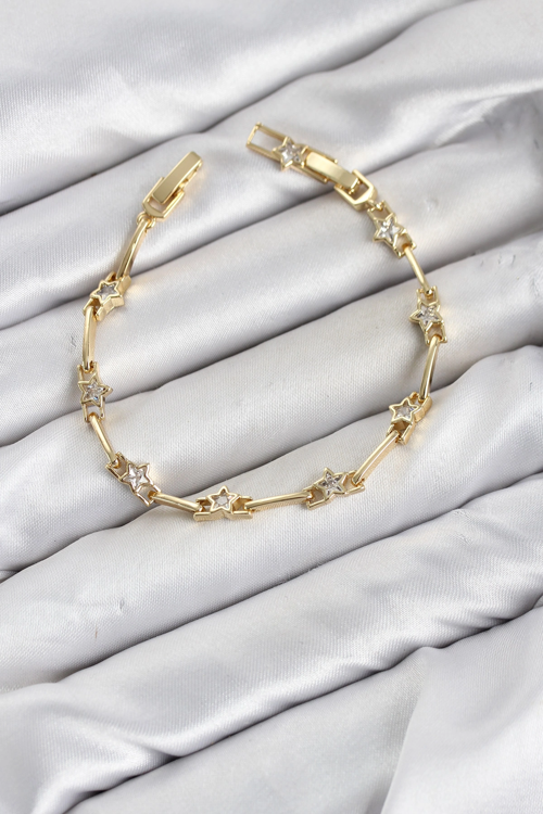 Markasız Ucuz Kadın Bileklik CM Gold Renk Yıldız Model Zirkon Taşlı Pirinç