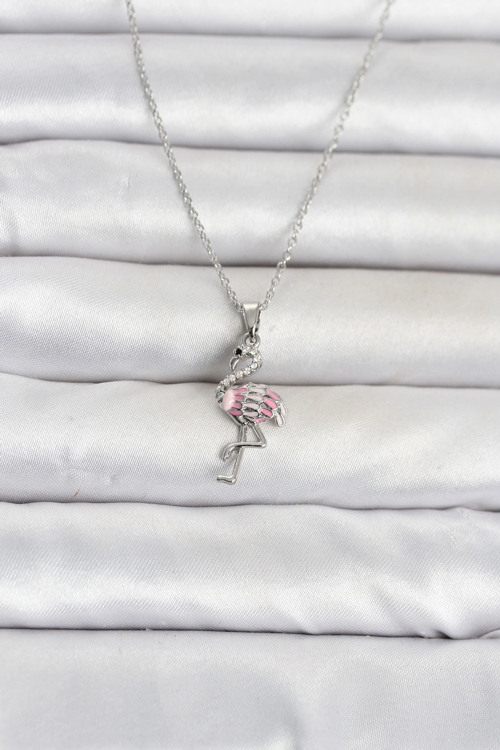 Markasız Ucuz Kadın Kolye Çelik Zincir Gümüş Renk Flamingo Model