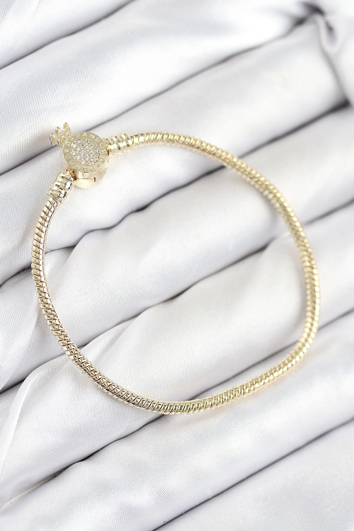 Markasız Ucuz Kadın Bileklik Pirinç Charm Zirkon Taşlı Taç Model Gold Renk