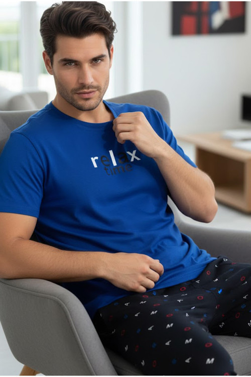 Pamuklu Bisiklet Yaka Baskılı Kısa Kollu Örme Pijama Takım