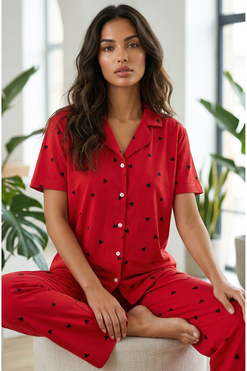 Kısa Kollu Pamuklu Düğmeli Pijama Takımı