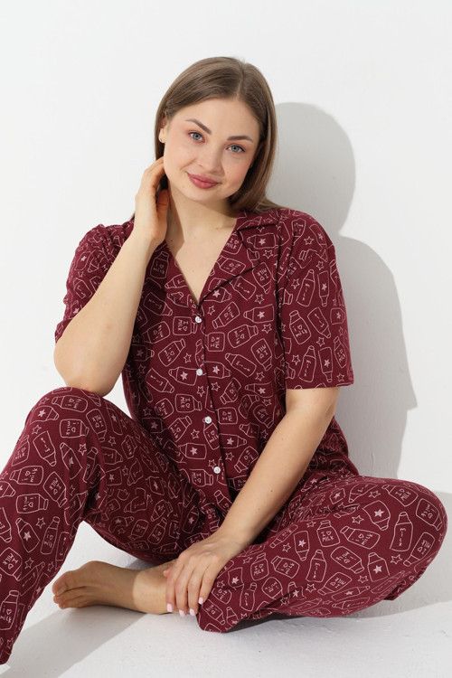 Curve Büyük Beden Battal Boy Kısa Kollu Düğmeli Pamuklu Pijama Takımı