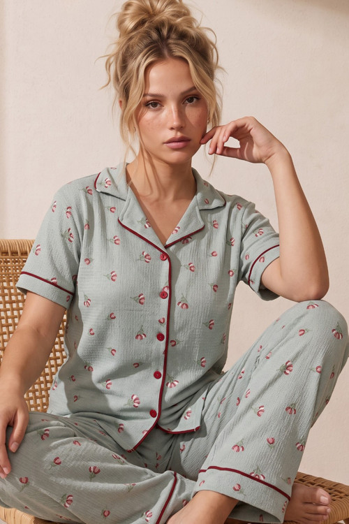 Bürümcük-Krınkıl Kısa Kollu Düğmeli Biyeli Pijama Takım 26120525