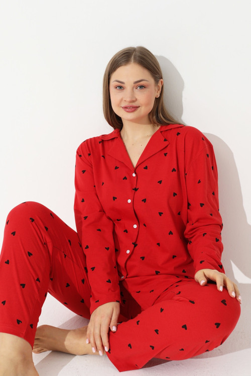 Curve Büyük Beden Battal Boy Düğmeli Pamuklu Pijama Takımı