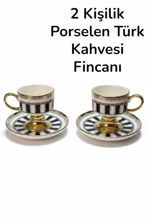 2 Kişilik Altın Yaldızlı Porselen Türk Kahvesi Fincanı Siyah