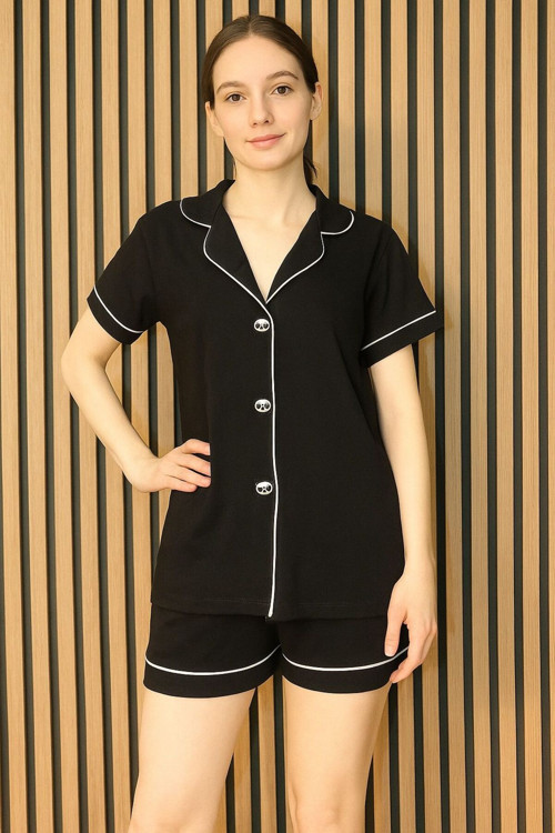 %100 Cotton Kalp Nakışlı Gömlek Yaka Şortlu Şık Konfor Gece Gündüz Pamuklu Kadın Pijama Takımı