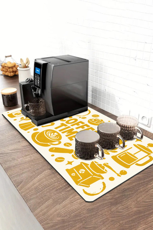 Barista Kahve Barı Matı 40x90cm Espresso Makinesi Çaycı Altlığı Hardal Kahve ikonları
