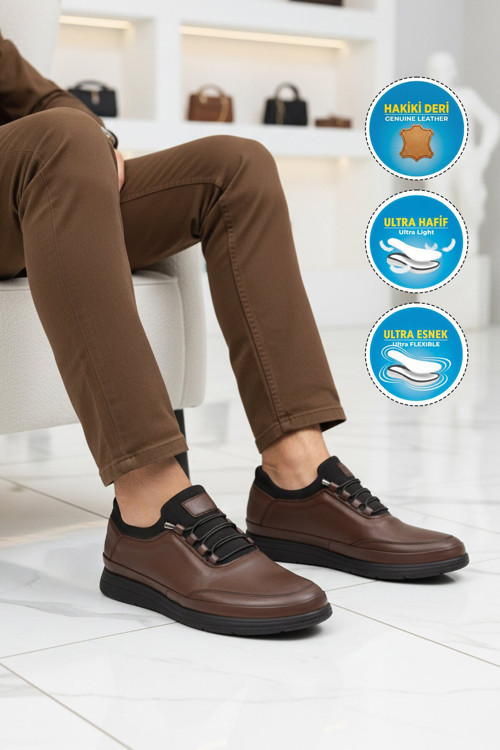 Kahve Hakiki Deri Lastik Bağcıklı Anatomik Rahat Erkek Casual Ayakkabı 703