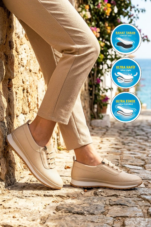 Bej Rahat Hafif Taban Lastik Bağcıklı Kadın Casual Ayakkabı BD-034
