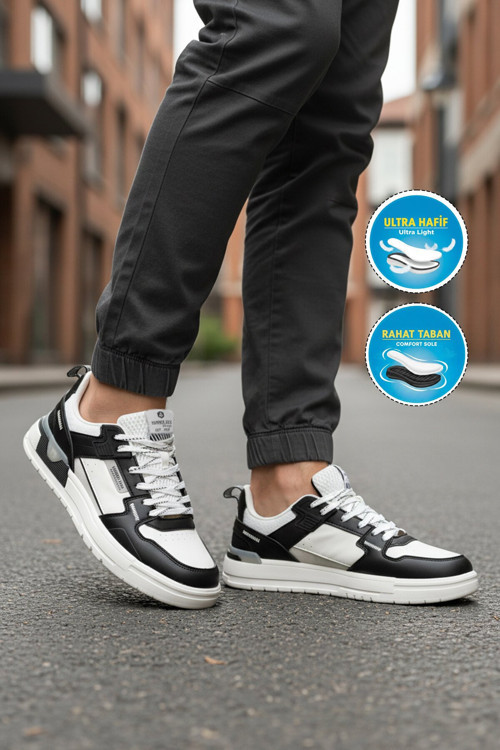 Beyaz-Siyah Bağcıklı Halın Rahat Tabanlı Erkek Yürüyüş ve Spor Ayakkabı Sneaker Soprano 101 25205