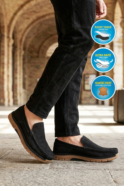 Siyah Nubuk Hakiki Deri Rahat Tabanlı Erkek Casual Ayakkabı Loafer 6Y3319-179