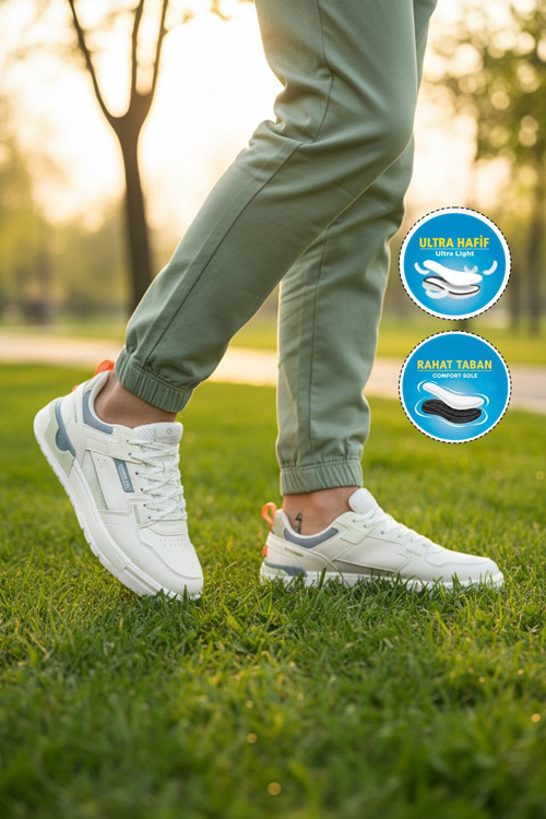 Beyaz-Turuncu Bağcıklı Halın Rahat Tabanlı Erkek Yürüyüş ve Spor Ayakkabı Sneaker Soprano 101 25205