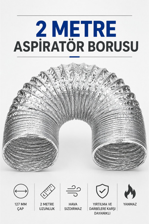 127 Mm 2 Metre Alüminyum Esnek Aspiratör Borusu Hava Kanalı Davlumbaz Baca Hortumu