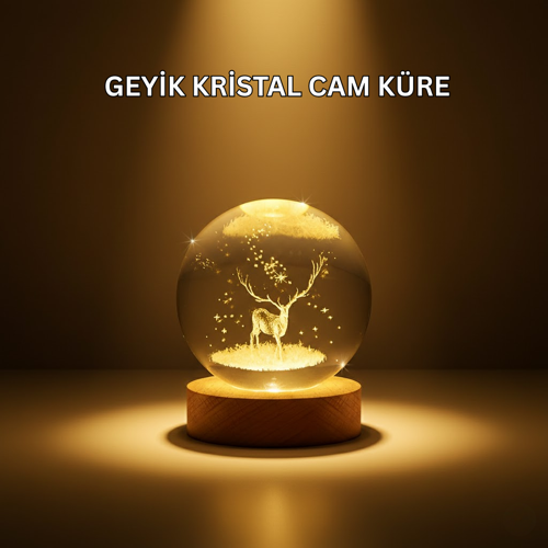 USB Bağlantılı Geyik Temalı Kristal Küre Premium Masa Gece Lambası