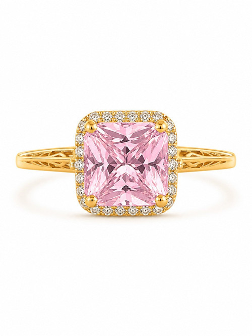 14 Ayar Pembe Kristal Taşlı Çerçeveli Altın Kadın Yüzük