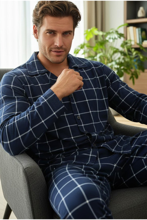 Erkek Ekoseli %100 Pamuklu Örme Düğmeli Pijama Takım 7985