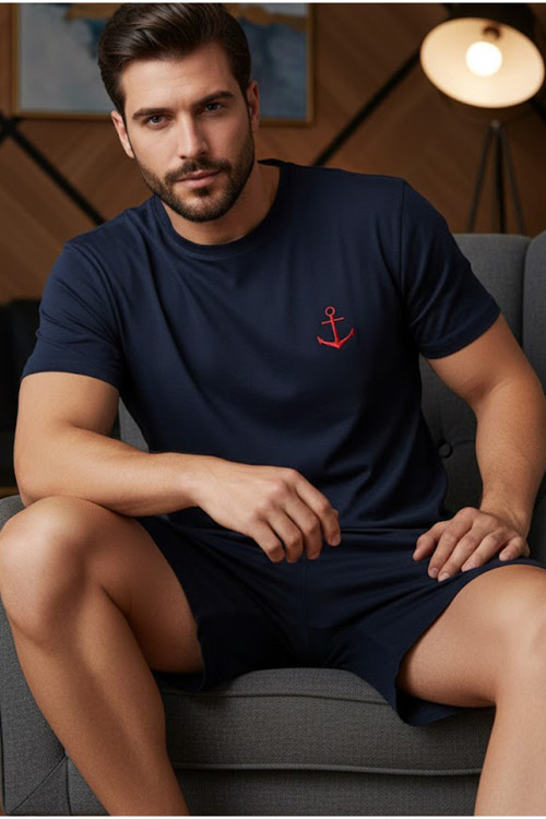 Kısa Kollu Örme Nakışlı Erkek Şort-Pijama Takım 7820