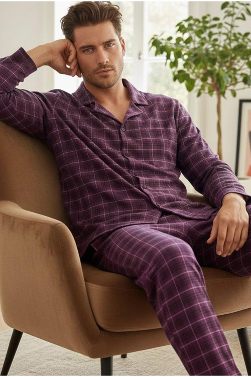 Erkek Ekoseli %100 Pamuklu Örme Düğmeli Pijama Takım 7985