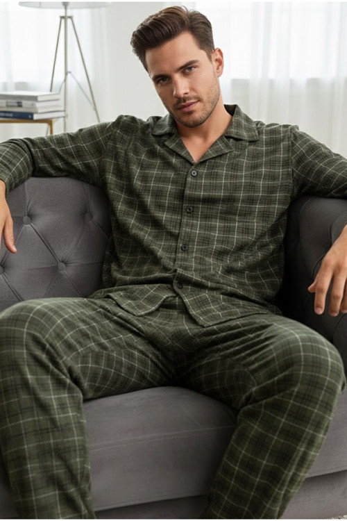 Erkek Ekoseli %100 Pamuklu Örme Düğmeli Pijama Takım 7985