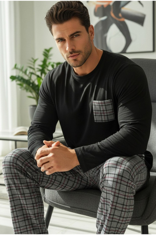 Üst Cep Nakışlı Örme Pijama Takım 7986