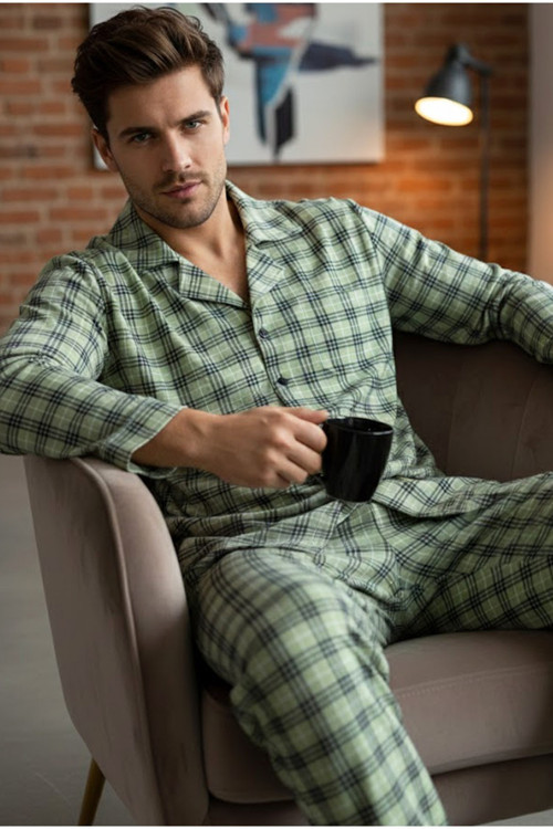 Erkek Ekoseli %100 Pamuklu Örme Düğmeli Pijama Takım 7985