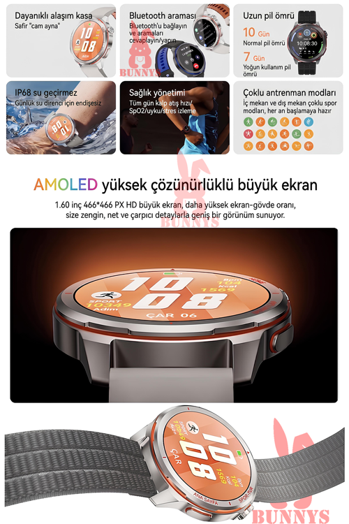 Omix X700 Uyumlu Spor Akıllı Saat AMOLED Ekran Bluetooth Arama Dahili El Feneri 3 Adet Kordon Seti