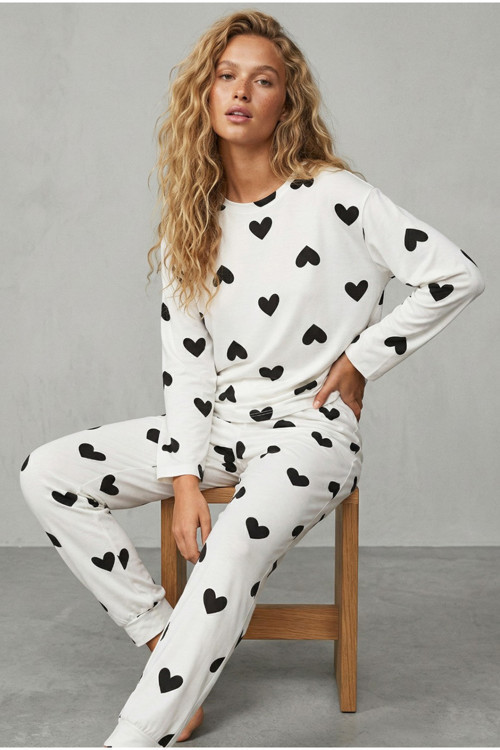 beyaz siyah kalp baskılı Örme Pamuklu Pijama Takımı7613