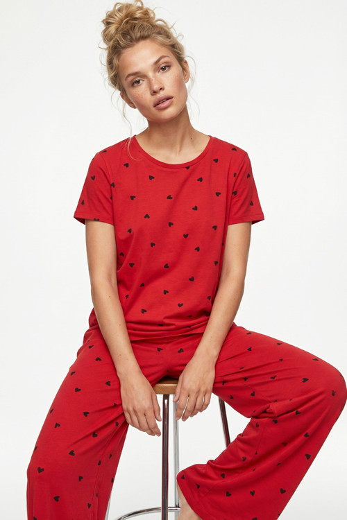 Kırmızı Kısa Kollu Pamuklu Pijama Takımı